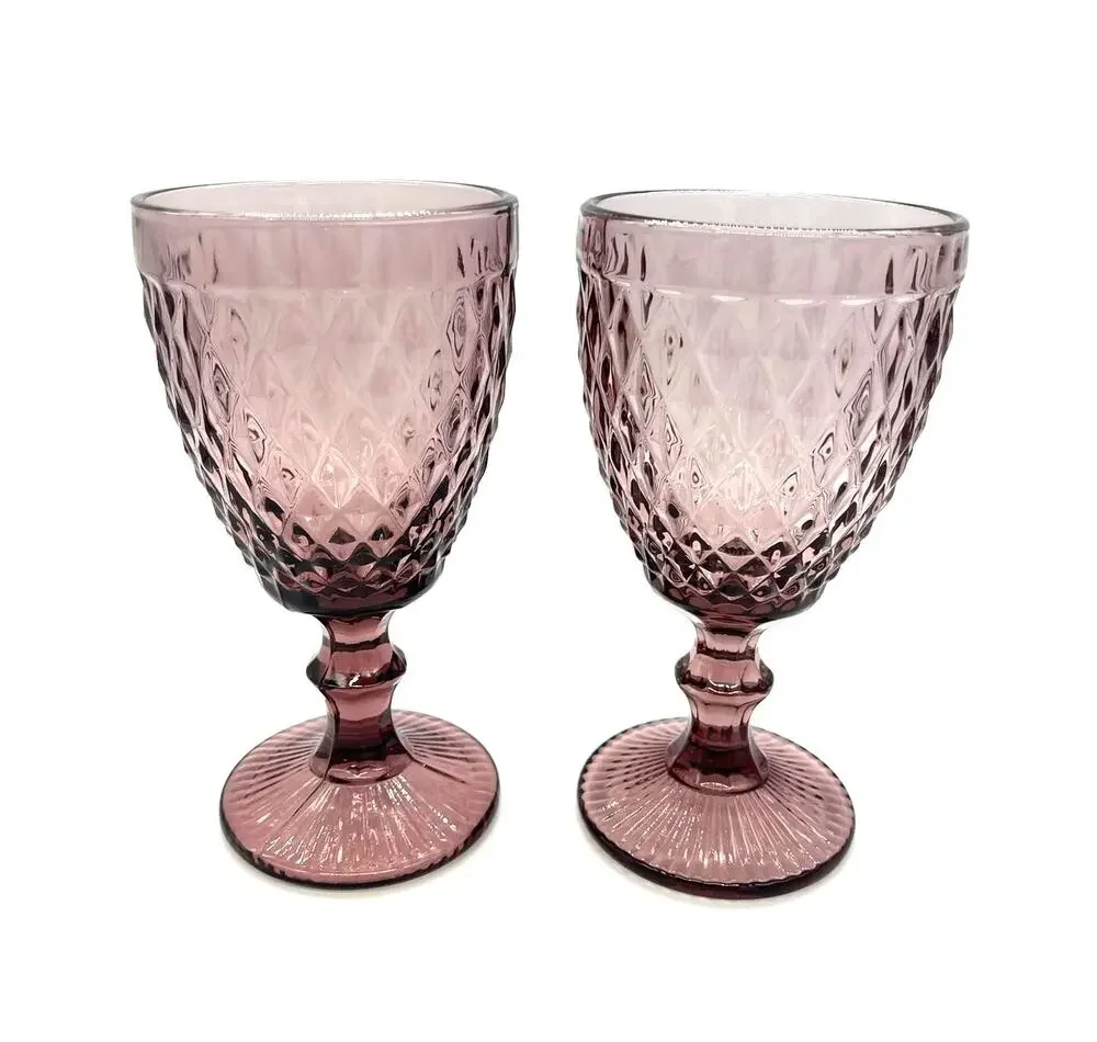 Vintage Glass Diamond Pattern Stemmed Purple / Plum Set of 2 Water Goblets 6.75